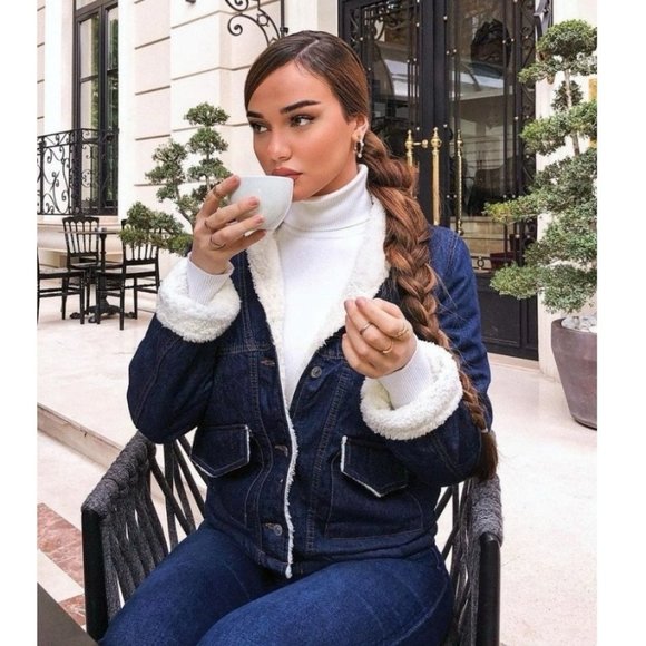 Blue Denim Jeans Long Sleeve Teddy Bear Fur Lined Biker Jacket - Picture 8 of 13